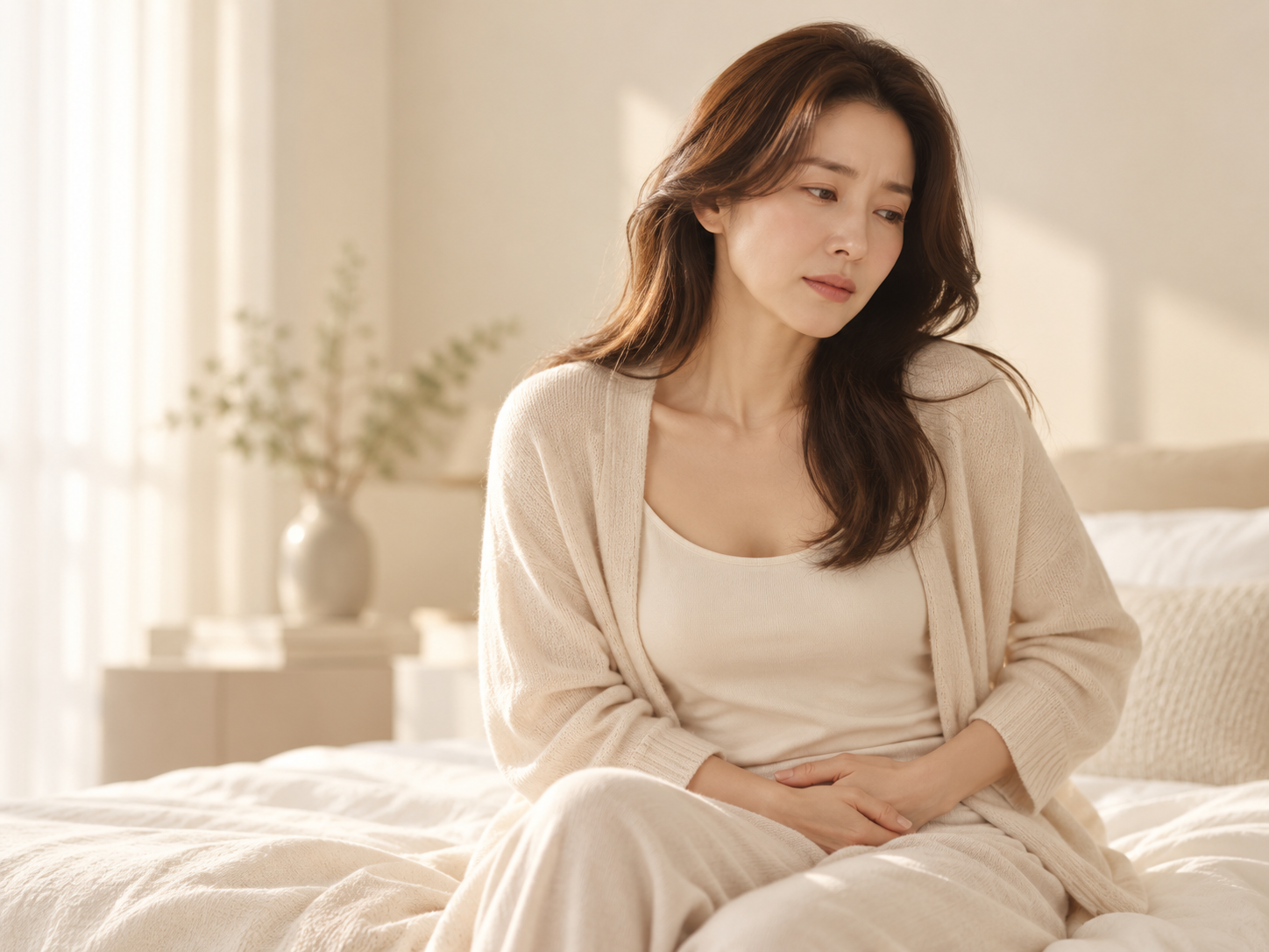 Woman sitting on a bed holding her lower abdomen in discomfort